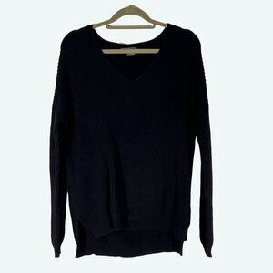 Vince Cotton Ribbed Knit Dropped Shoulder V-Neck Chunky Knit Sweater Black Small